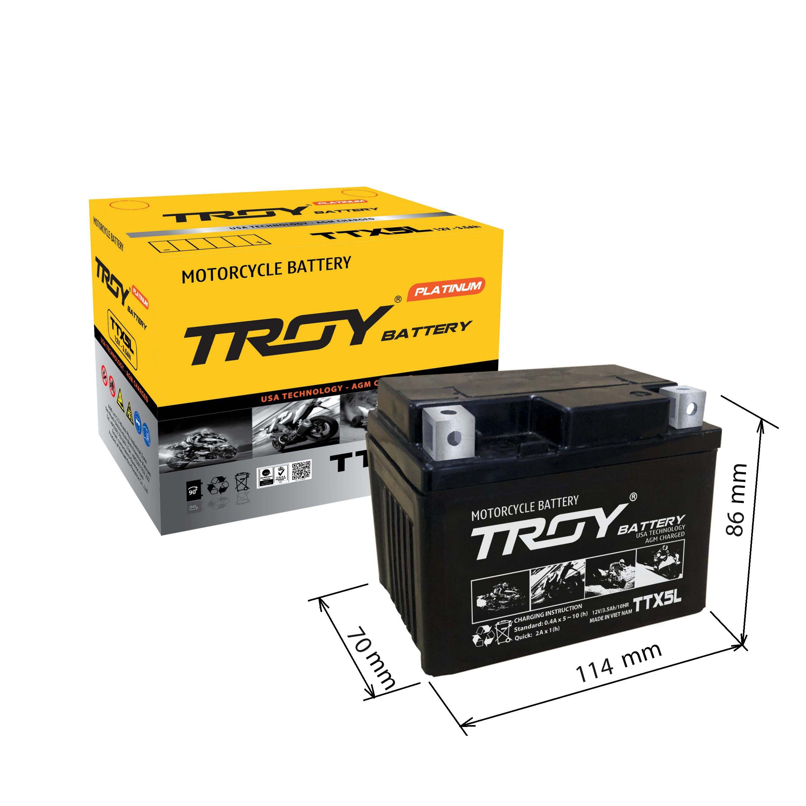 Ắc quy xe máy TROY, TTX5L, 12V, 3.5Ah