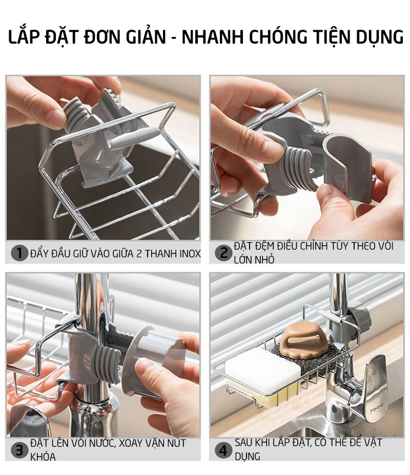 Giá để giẻ rửa bát inox gắn vòi rửa Latimax KRC6 điều chỉnh lên xuống tiện lợi