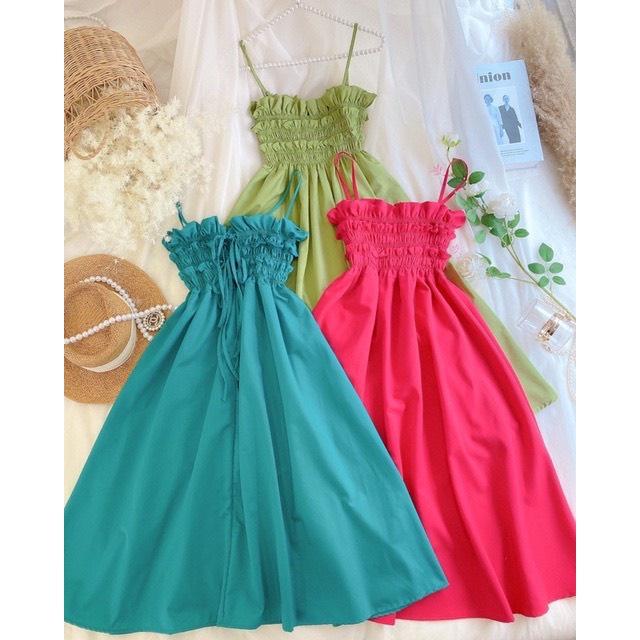 Đầm maxi đi biển 2 dây nhún ngực cột dây nơ lưng mùa hè Ulzzang