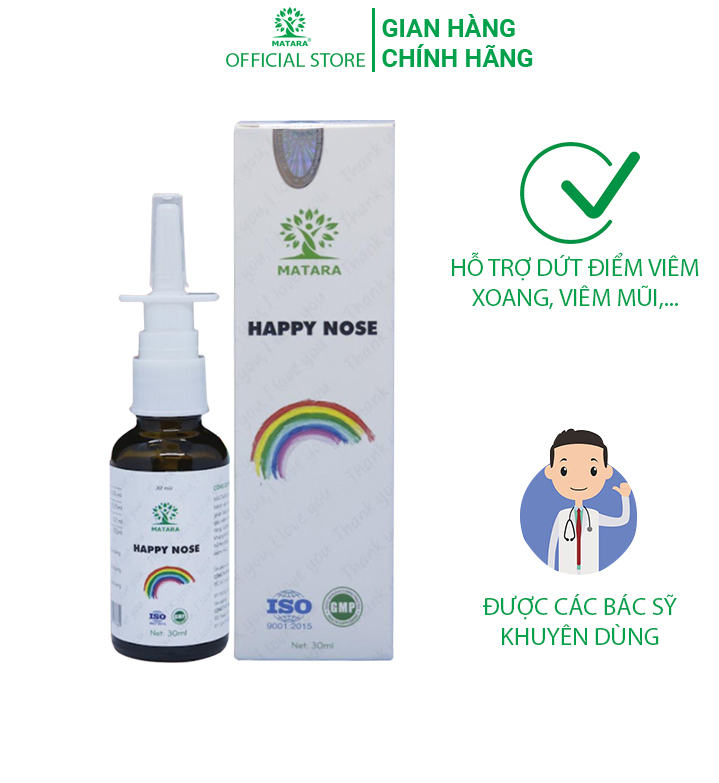 Xịt mũi kháng khuẩn MATARA HAPPY NOSE 30ml - Hỗ trợ dứt điểm viêm xoang, viêm mũi dị ứng, các triệu trứng liên quan đến đường hô hấp. Nguồn gốc thảo dược tự nhiên an toàn không gây buốt, xót cho người sử dụng