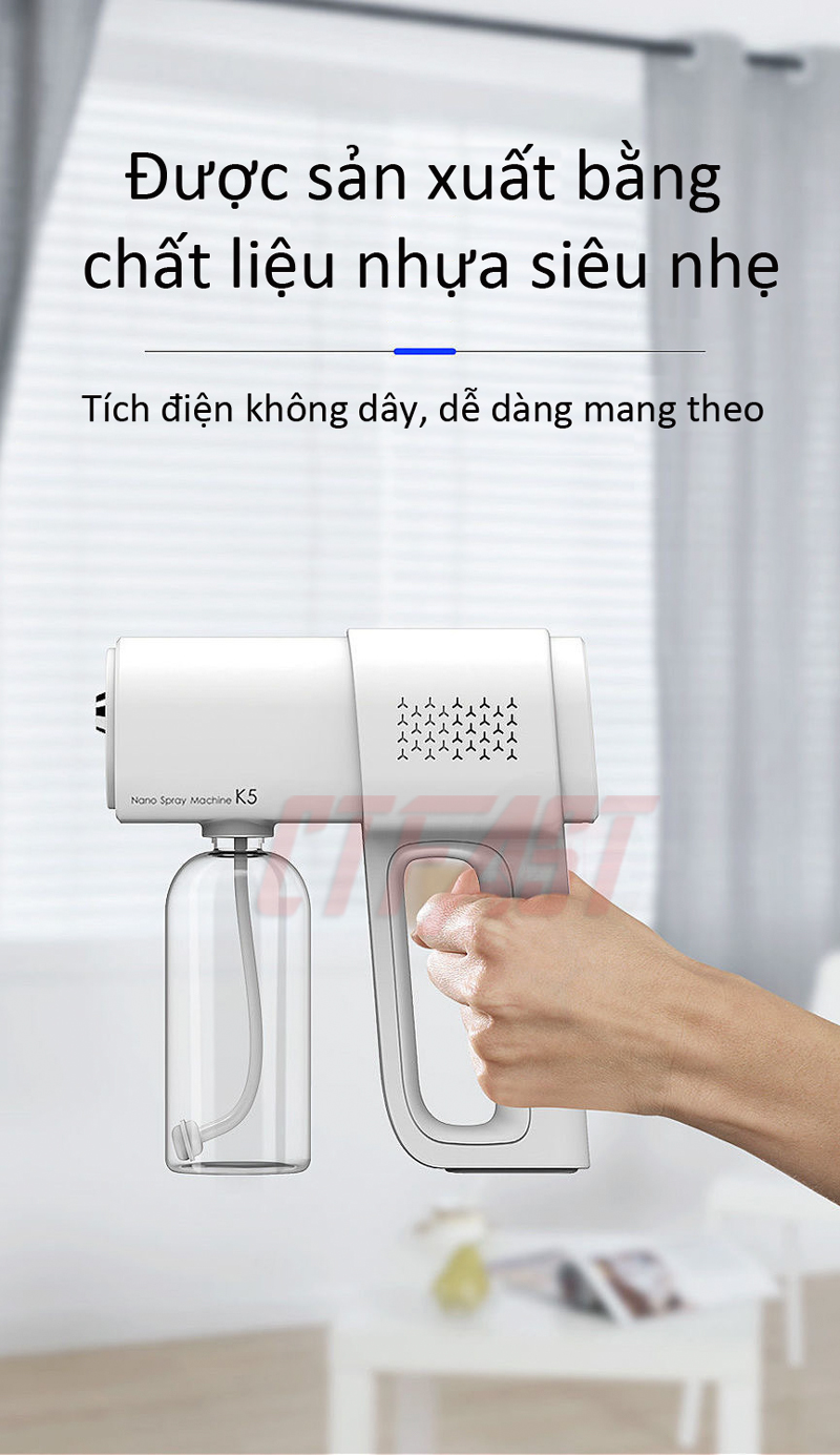 Thiết bị phun khử trùng nano cầm tay CTFAST - 05 : Máy phun khử trùng gia đình tích điện không dây kết hợp ánh sáng xanh an toàn, khử trùng, diệt khuẩn, đuổi muỗi