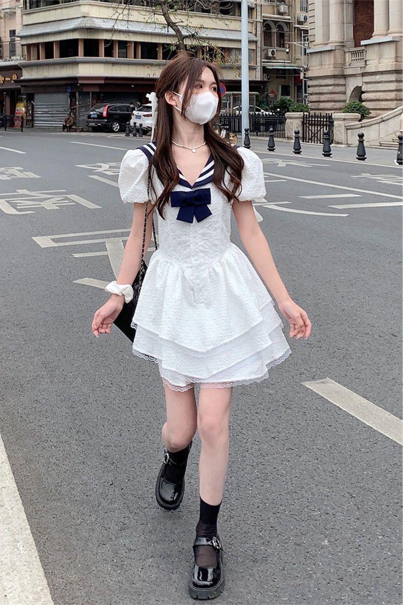 SHUANGYAN Hải quân cổ Ultra Fairy Bouffant váy cho phụ nữ mùa hè ren ren nhỏ bong bóng tay áo thắt lưng đầm cao eo