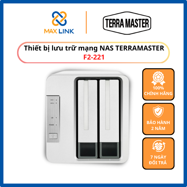 Bộ lưu trữ mạng NAS TerraMaster F2-221, Intel Dual-core 2.0GHz, 2GB RAM, LAN 2x 1GbE, 2 khay ổ cứng RAID 0,1,JBOD,Single - Hàng chính hãng