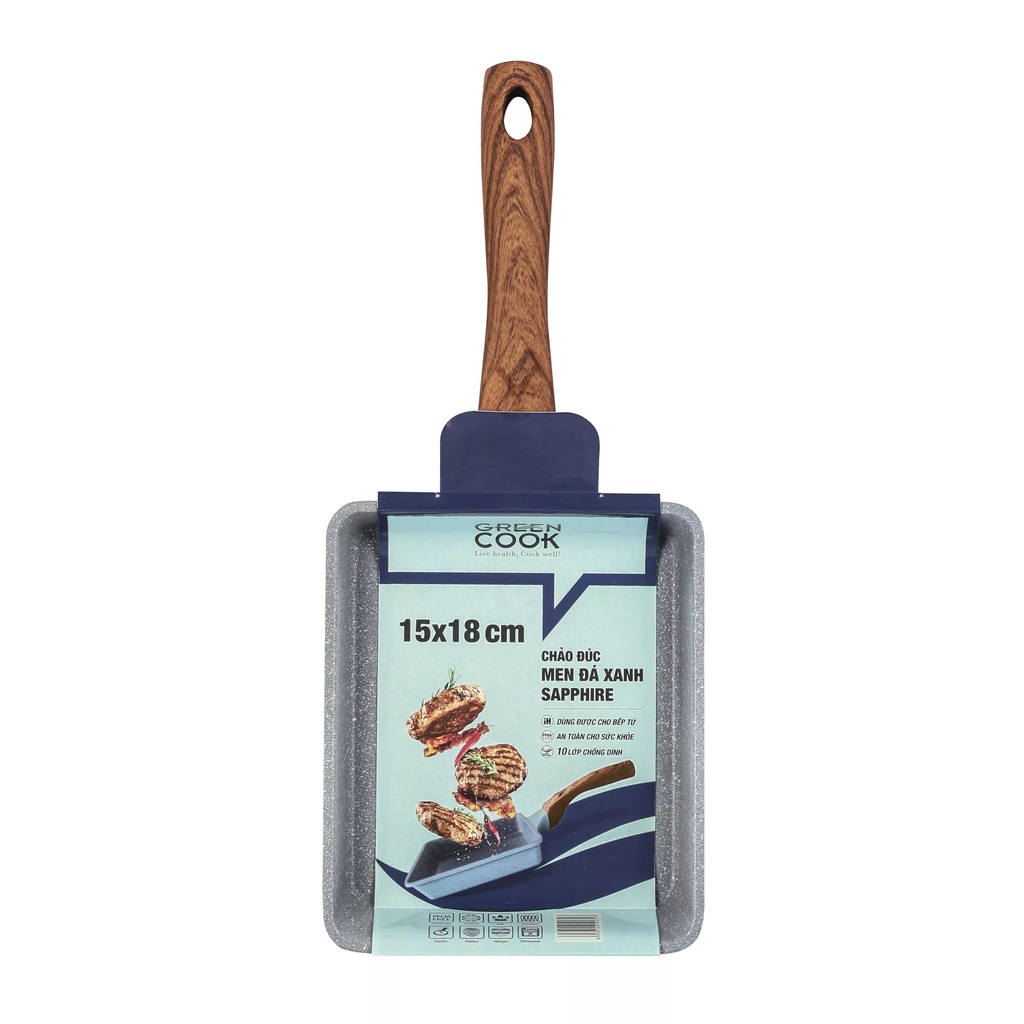 Chảo đúc chống dính đáy từ chữ nhật men đá xanh sapphire Green Cook GCP09-1518IH với 10 lớp chống dính an toàn cho sức khoẻ