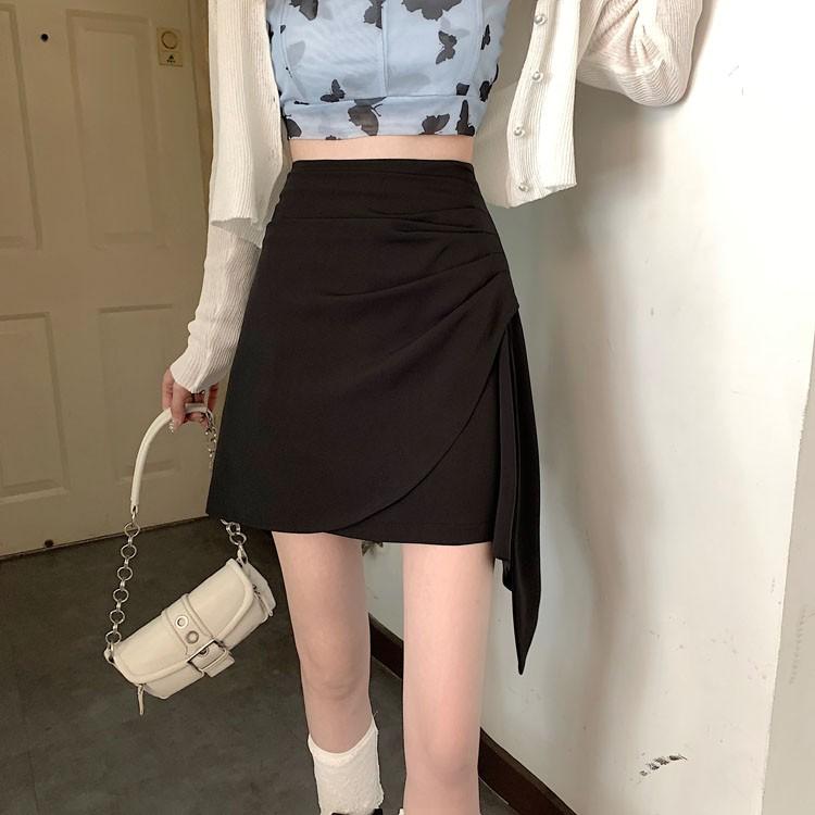 Chân váy A cách điệu vạt chéo bên hông, chân váy nữ dáng ngắn cạp cao 2 màu nâu đen Okella CV009