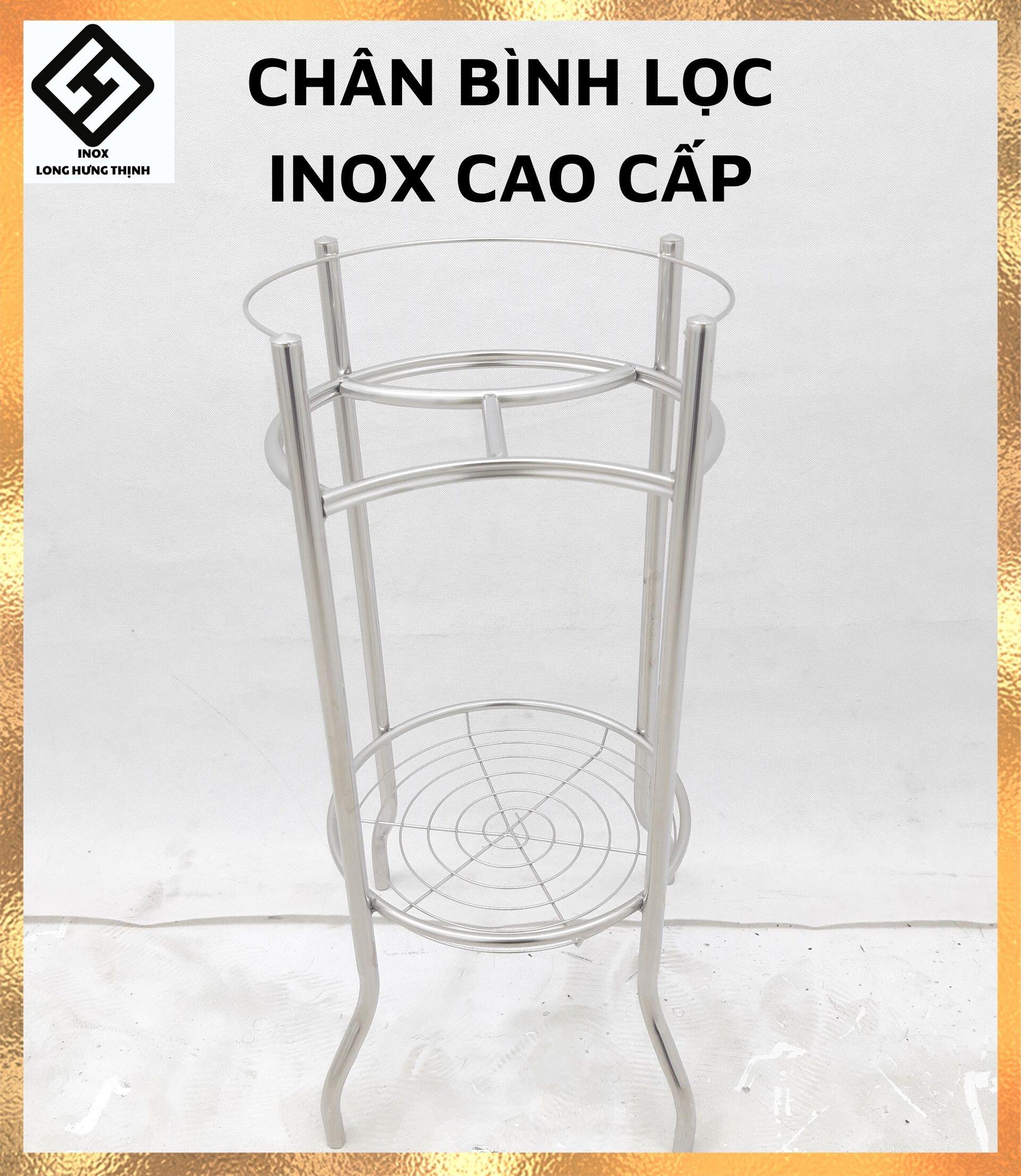 Chân Bình Lọc Nước INOX cao cấp, chân kệ, giá đỡ bình nước, 30x30x64 (cm), có khay đựng ly &quot;xoắn ốc&quot;, tặng kèm nút chân giúp cố định kệ.