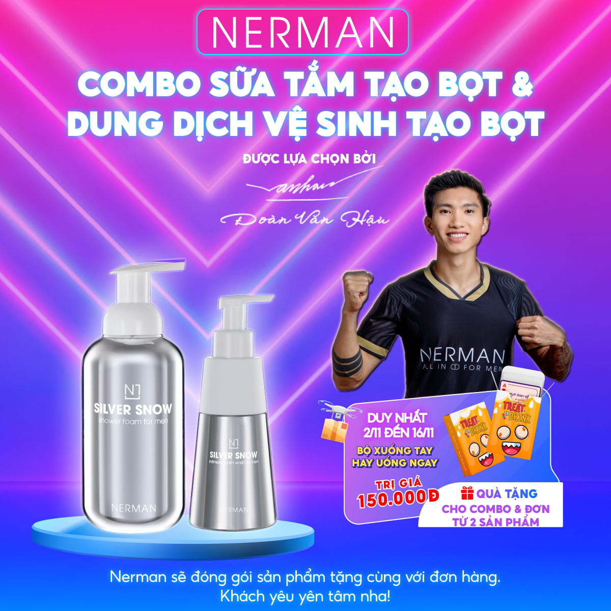 Combo Sữa tắm tạo bọt 500g và Dung dịch vệ sinh tạo bọt 200g Nerman hương nước hoa Pháp