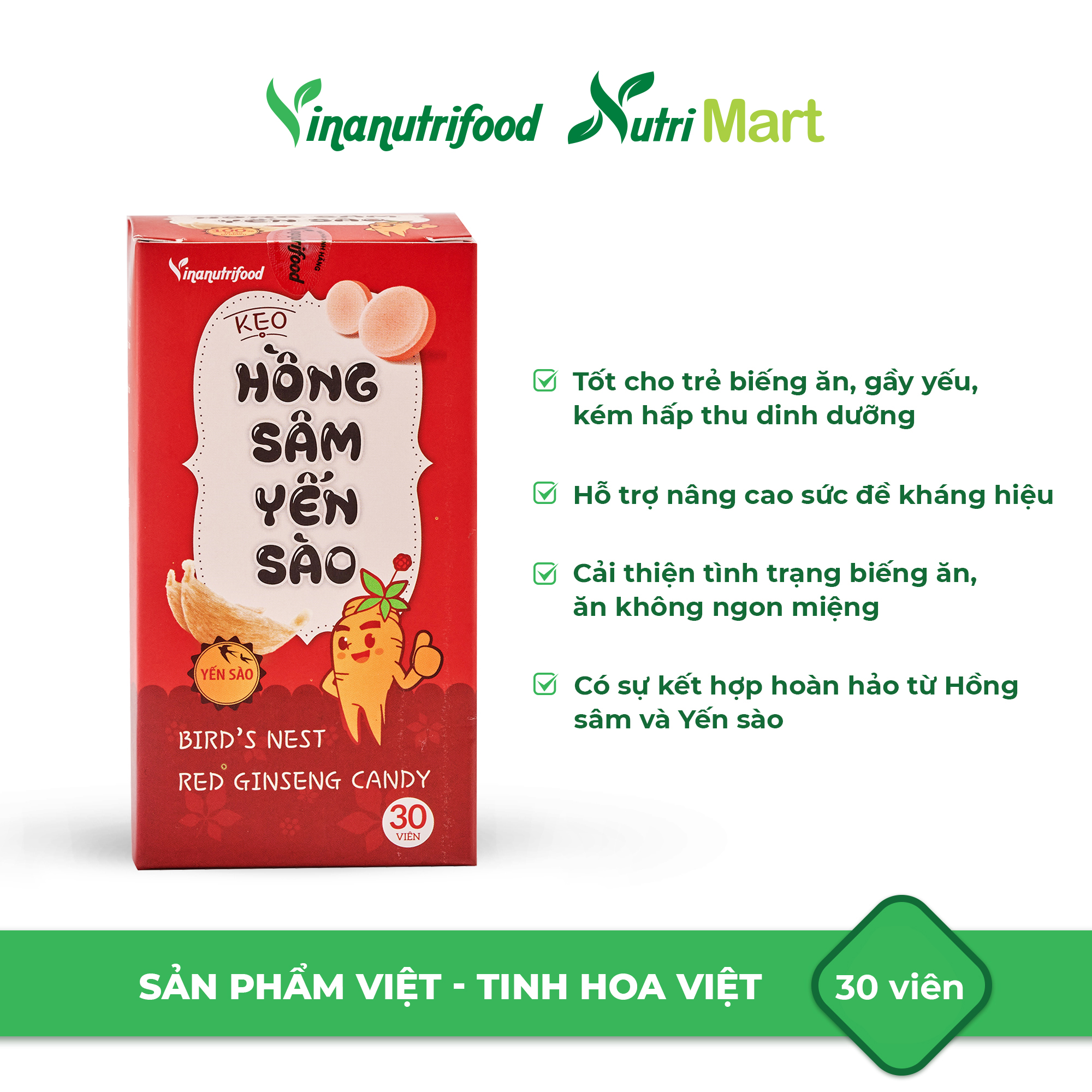 Kẹo hồng sâm Yến Sào được làm từ hồng sâm cao cấp, yến sào hảo hạng tốt cho sức khỏe, vị ngọt tinh khiết từ đường ăn kiêng Isomalt an toàn, dùng được cho mọi lứa tuổi, đặc biệt là trẻ em biếng ăn, kém hấp thu dinh dưỡng, hộp 30 viên