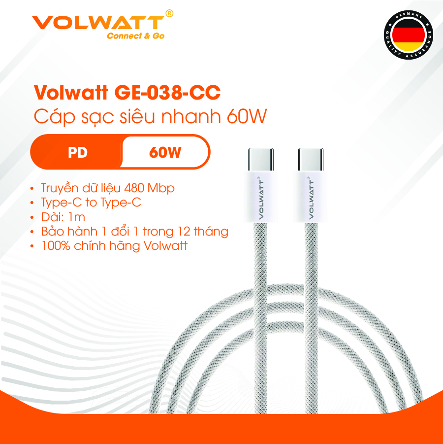Cáp sạc nhanh 60W Volwatt GE-038-CC hàng chính hãng| Cáp Type-C to Type-C PD, truyền dữ liệu 480Mbps, 1m – BH 12 tháng