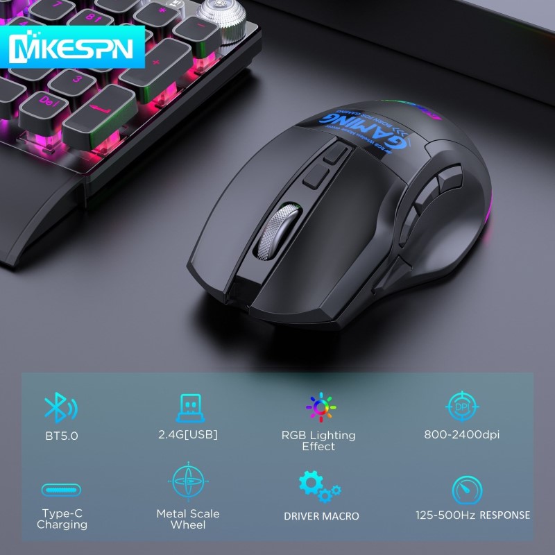 Chuột Led Gaming Không Dây W10 Đa kết nối Bluetooth 5.0 + Usb 2.4G Pin sạc TypeC