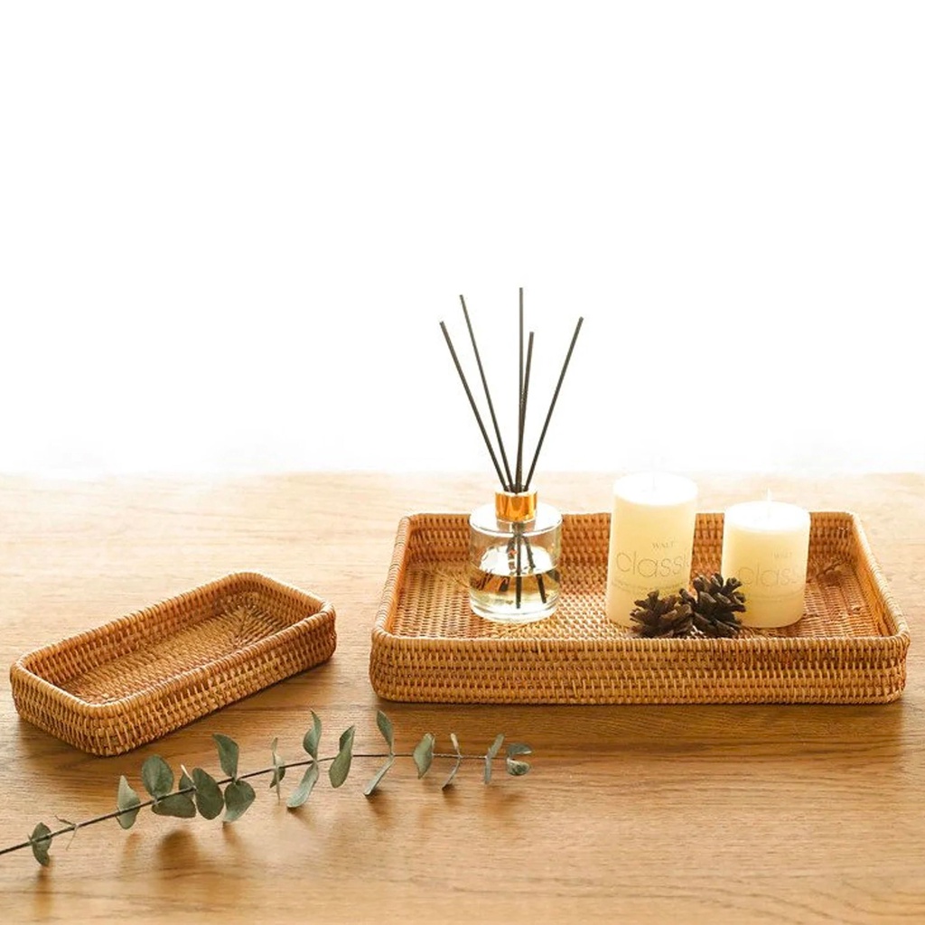 Khay mây đựng bánh URSPACE trang trí tiệc, decor chụp ảnh sản phẩm/ SET OF 3 RECTANGLE RATTAN TRAY