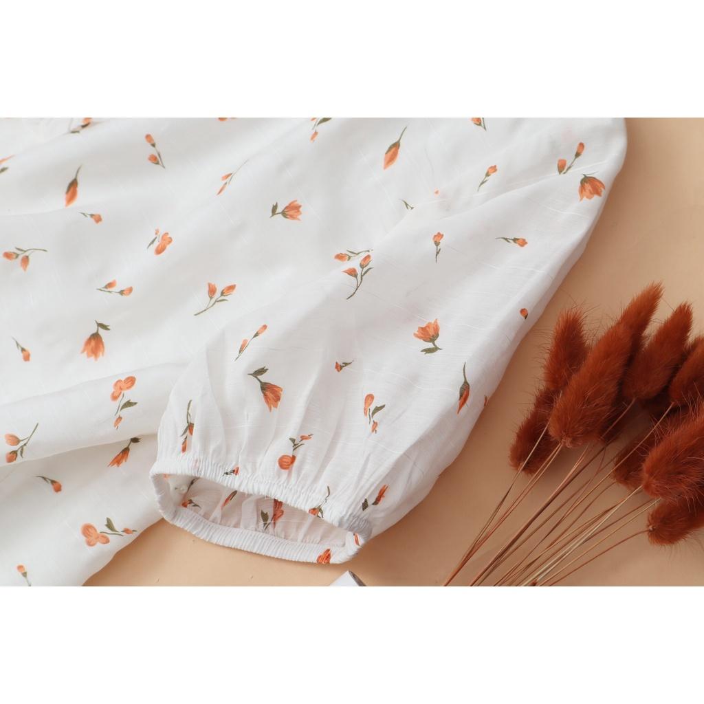 Áo tơ cotton cổ V KACHISA phối bèo họa tiết hoa