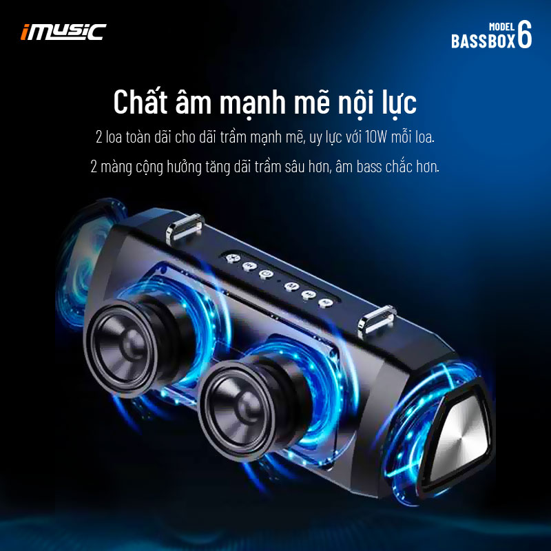 Loa Bluetooth BassBOX 6 công suất 20W hiệu ứng LED sử dụng liên tục trên 8 tiếng - Hàng chính hãng iMusic Vietnam