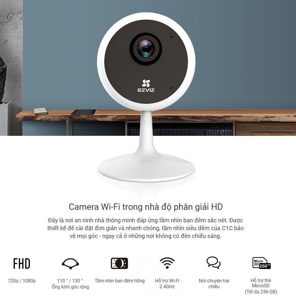 Camera WiFi Trong Nhà EZVIZ C1C B 2MP 1080P Góc Rộng, Siêu Nét Bảo Hành 24 tháng