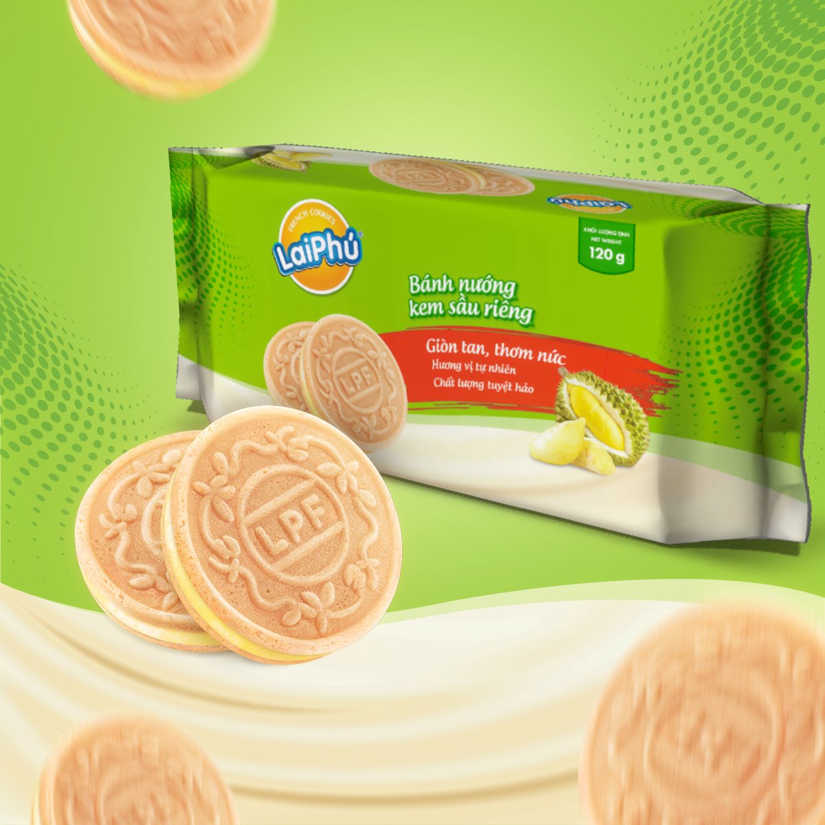 Combo 3 Gói Bánh Cookies Lai Phú Kem Sầu Riêng 120G