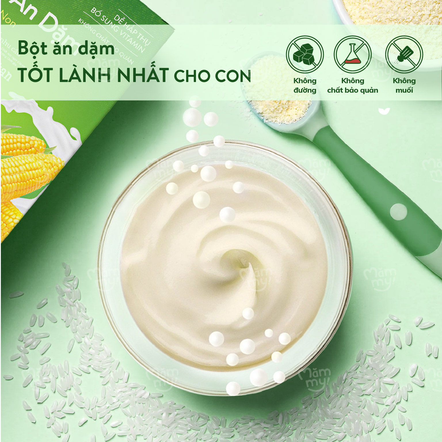 Bột ăn dặm sữa bắp non Mămmy cung cấp chất xơ hòa tan và Canxi bổ sung vitamin cho bé - 140gr