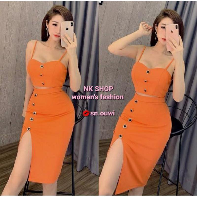 Set áo 2 dây cúp ngực + chân váy bút chì xẻ đùi