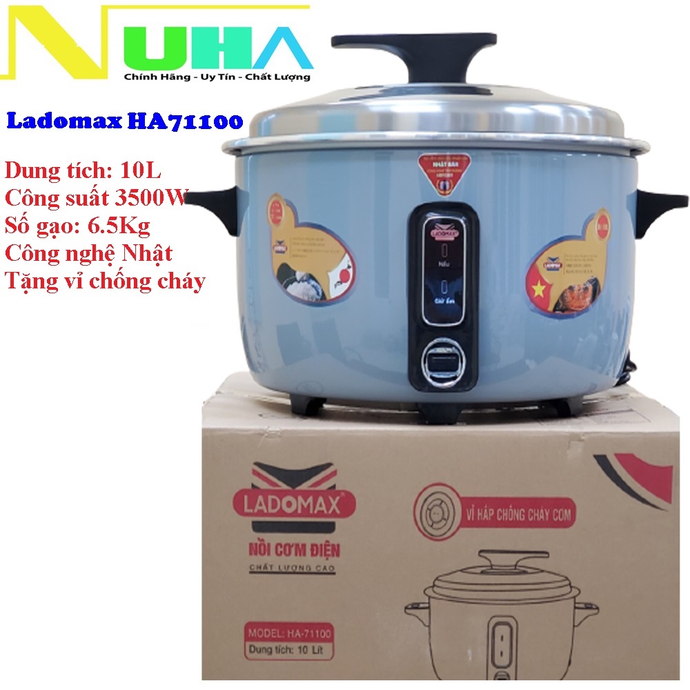 Nồi cơm điện công nghiệp 10L Ladomax công nghệ Nhật, nấu 6.5kg gạo, chống cơm cháy kèm vỉ hấp inox-Hàng chính hãng