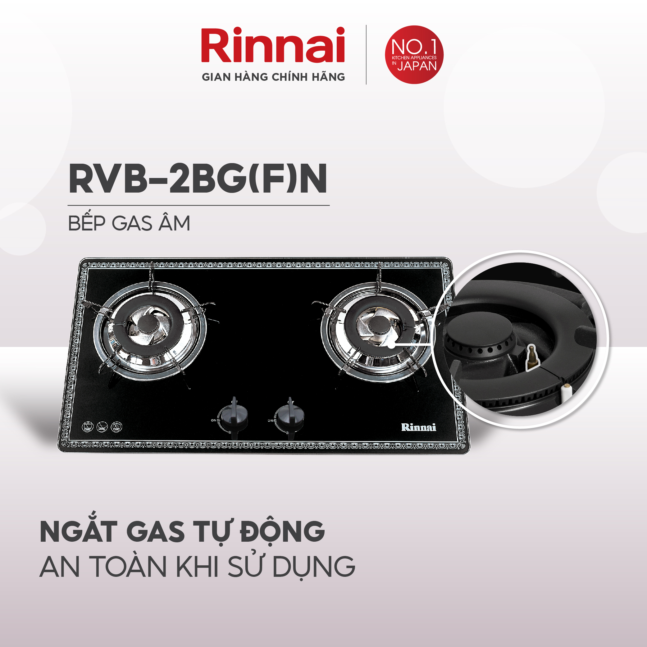 Bếp gas âm Rinnai RVB-2BGN mặt bếp kính và kiềng bếp men - Hàng chính hãng.
