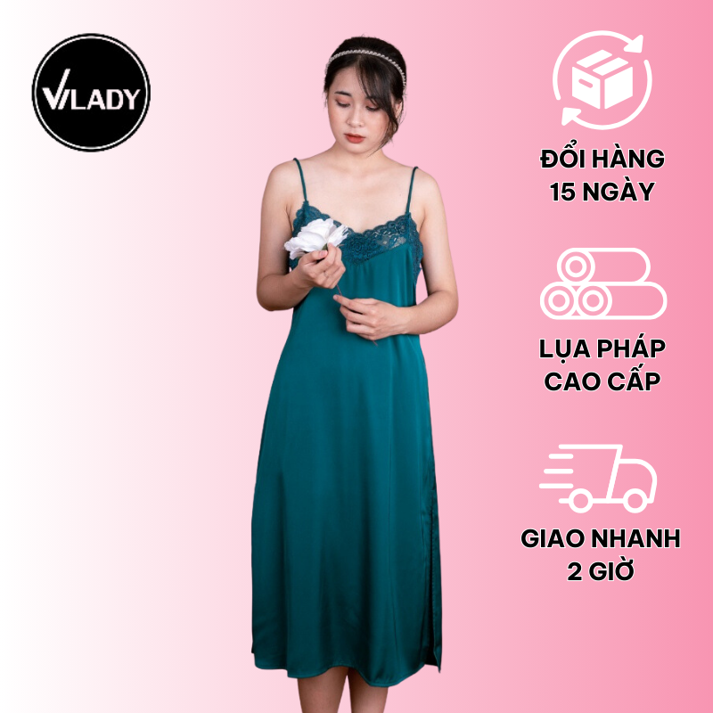 Đầm ngủ, Váy ngủ lụa Pháp cao cấp VILADY - V150, phối ren ngực và lưng, xẻ đùi 2 bên