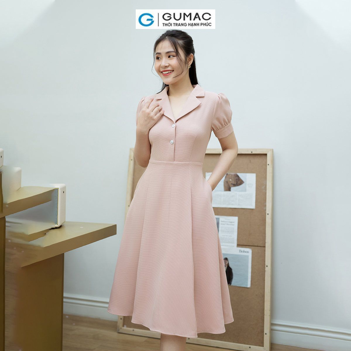 Đầm A xòe tay phồng GUMAC DD08048