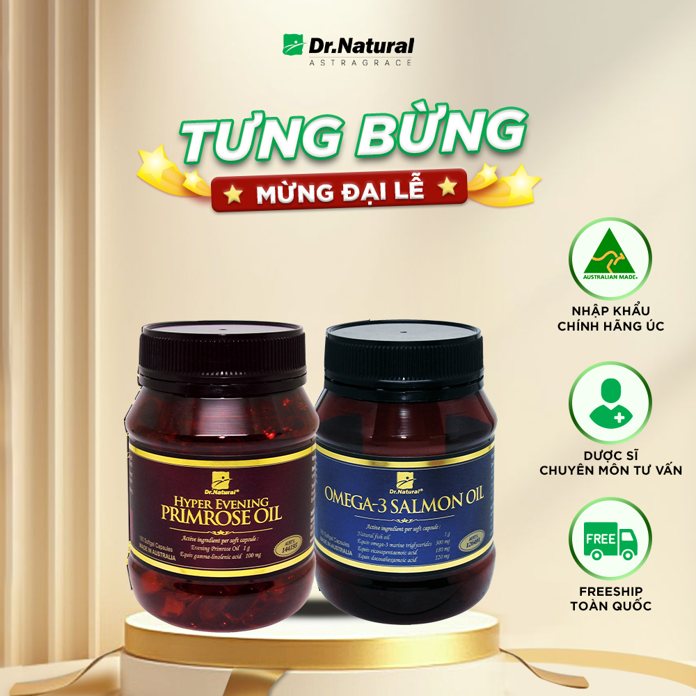 Bộ sản phẩm: Viên Dầu Cá Hồi OMEGA 3 SALMON OIL, Viên bổ sung nội tiết nữ HYPER EVENING PRIMROSE OIL