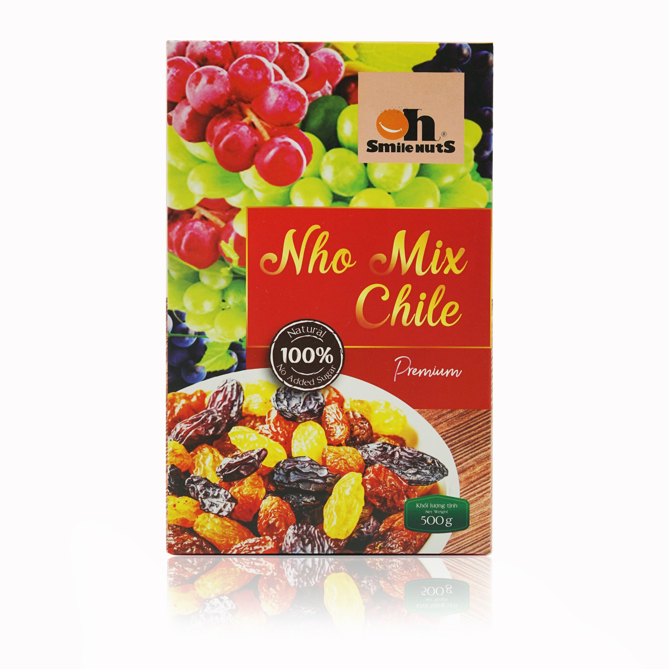 Nho Khô Mix Không Hạt Smile Nuts Hộp 500g - Nhập khẩu từ Chile (nho khô hỗn hợp gồm nho đen, nho đỏ và nho vàng)