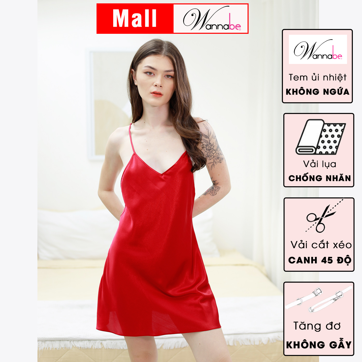 Đầm Ngủ Phi Lụa Cao Cấp Wannabe Dns50 Váy Ngủ Hai Dây Cut - Out Lưng Trang Trí 4 Dây Hình Chữ M Khoe Eo Quyến Rũ Gợi Cảm - Đỏ - Xl
