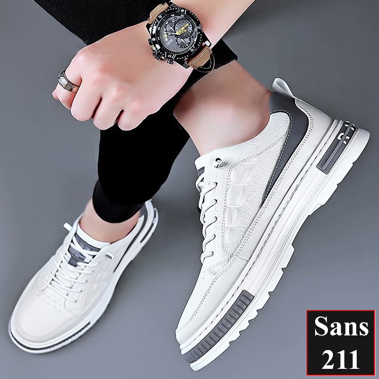 Giày thể thao nam độn đế 6cm Sans211 sneaker da bò thật tăng chiều cao đẹp màu trắng có size nhỏ 37 vân cá sấu full box