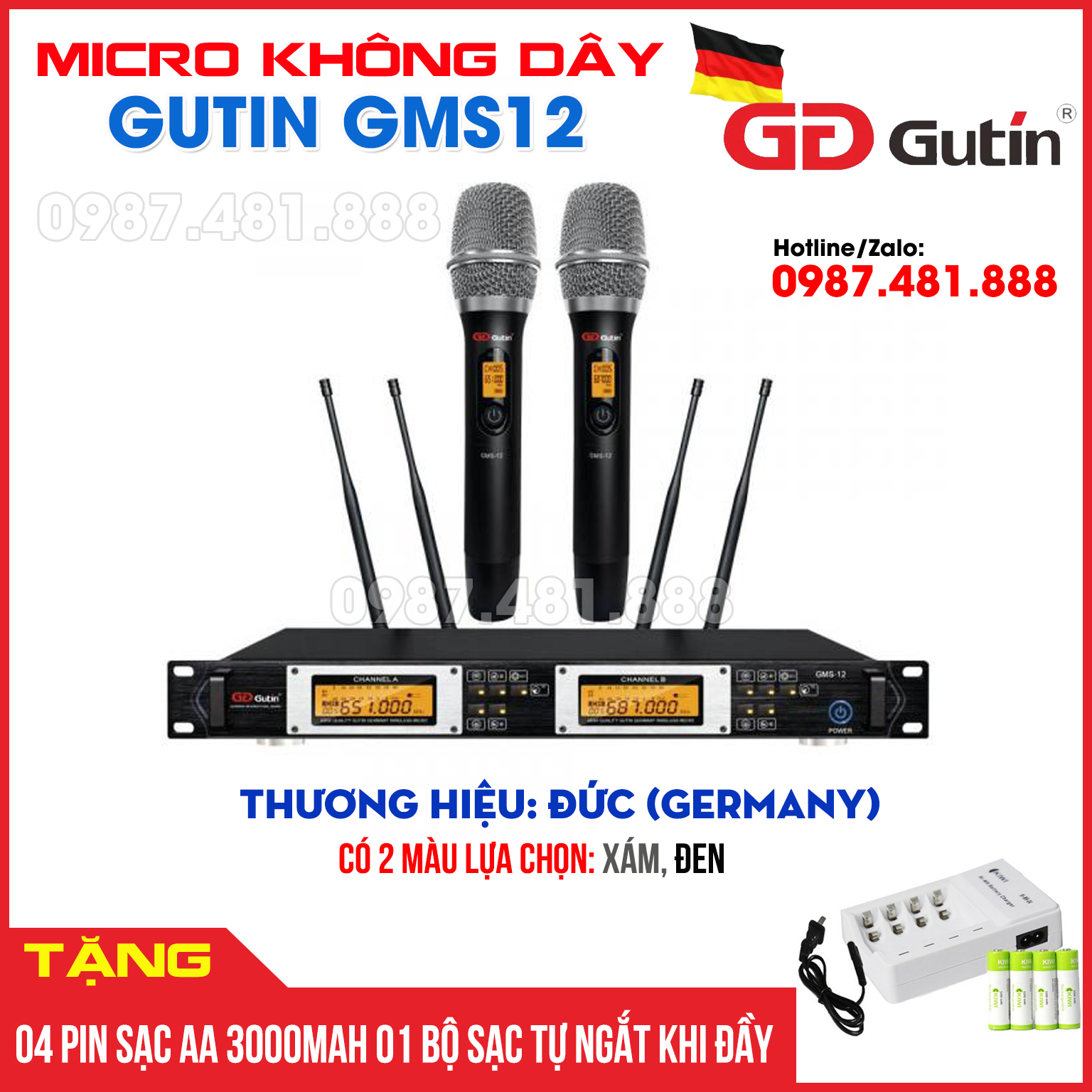 Micro không dây Gutin GMS12 - hát cực nhẹ, chống hú, có cảm biến tự ngắt, gia tốc - Tặng bộ Pin + sạc - Hàng Chính Hãng