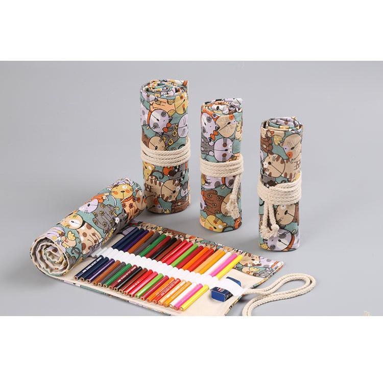 Túi đựng bút dạng cuộn vải cotton, phong cách vintage hình mèo PK617