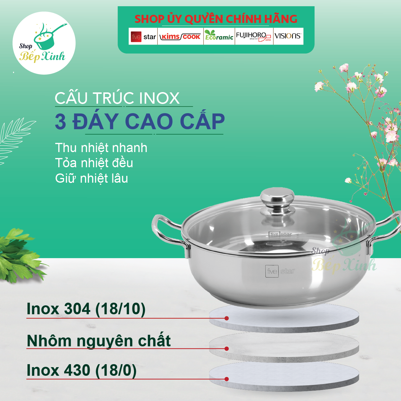 Nồi lẩu xửng hấp inox cao cấp Fivestar 3 đáy từ nắp kính ( tặng 2 vá canh ) - hàng chính hãng