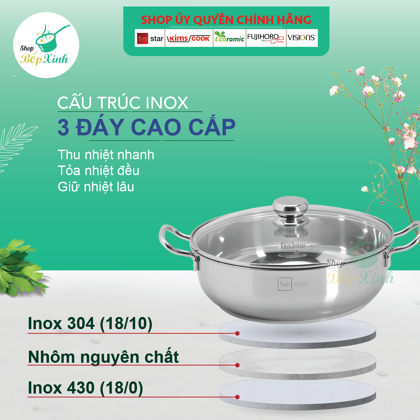 Nồi lẩu xửng hấp FIVESTAR 3 đáy từ nắp kính 24cm , 26cm , 28cm
