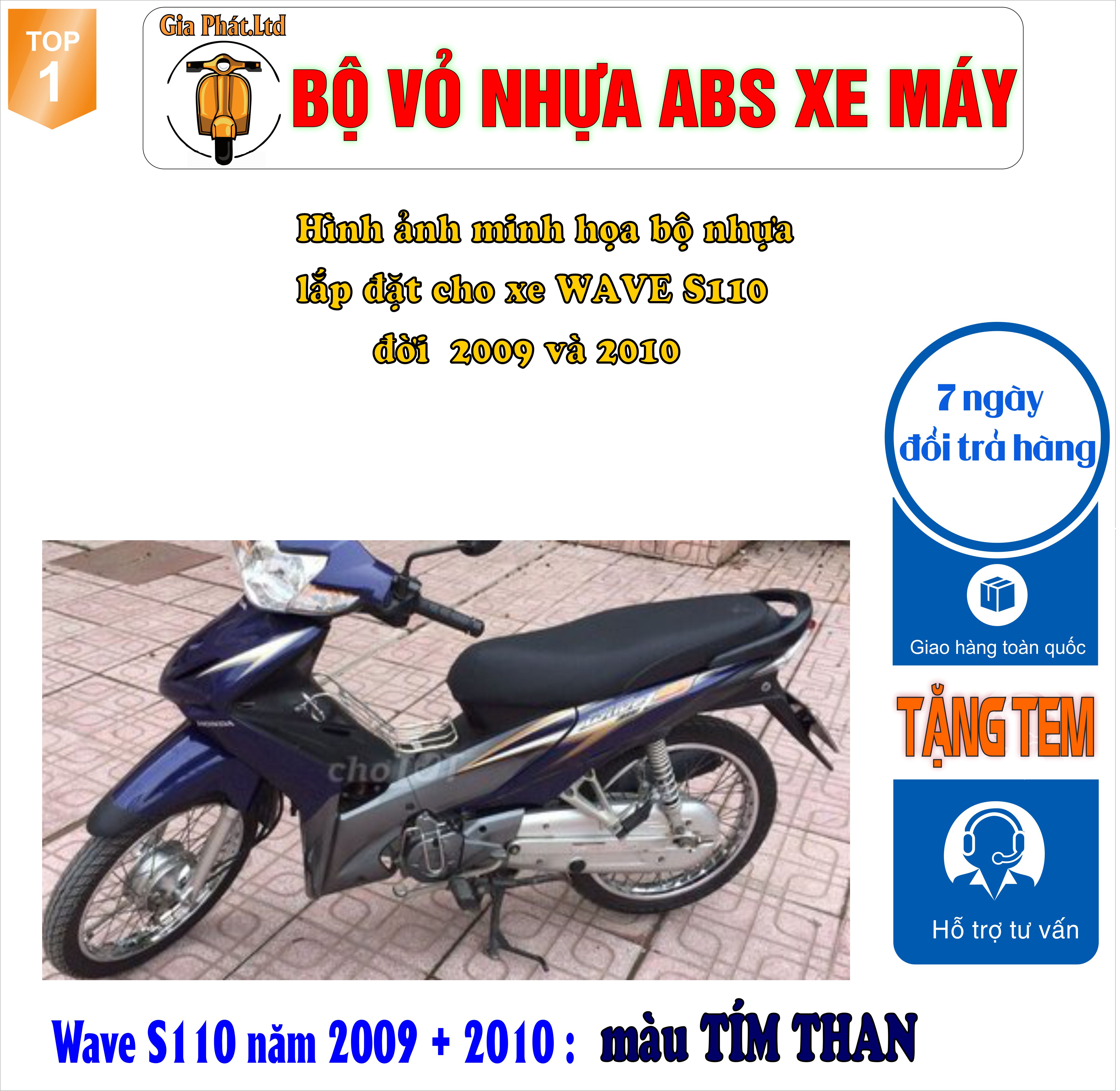 [Tặng tem] Bộ dàn áo xe WAVE S110 - RS110 màu XANH TÍM THAN , nhựa ABS nguyên sinh-TKB-1545-2345