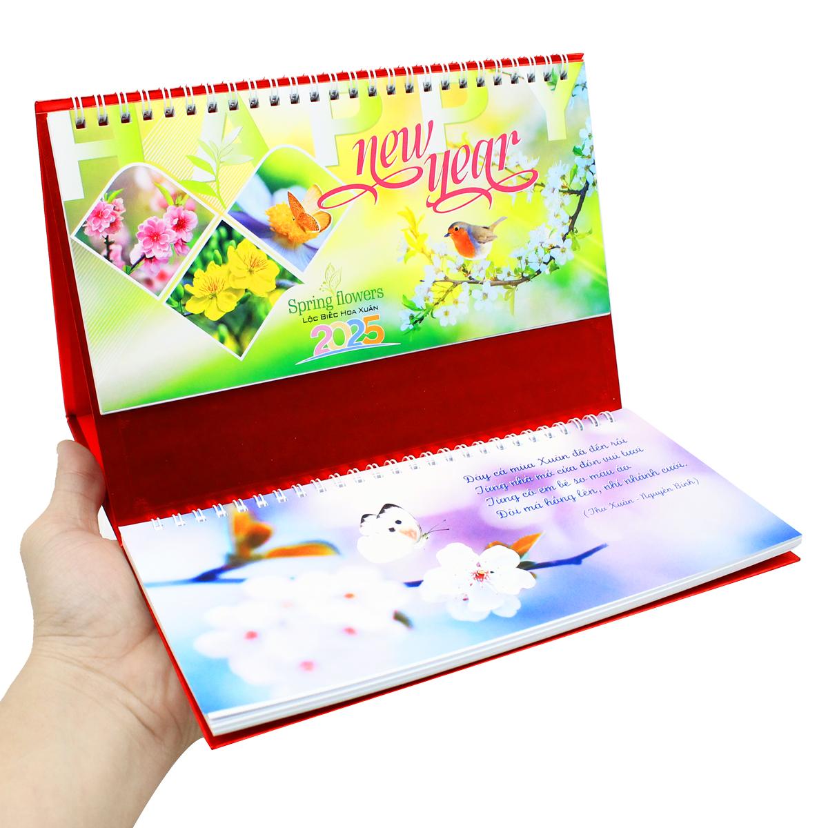Lịch Bàn 2025 Có Note - Lộc Biếc Hoa Xuân - Văn Lang VL-LB16 - Đế Màu Đỏ