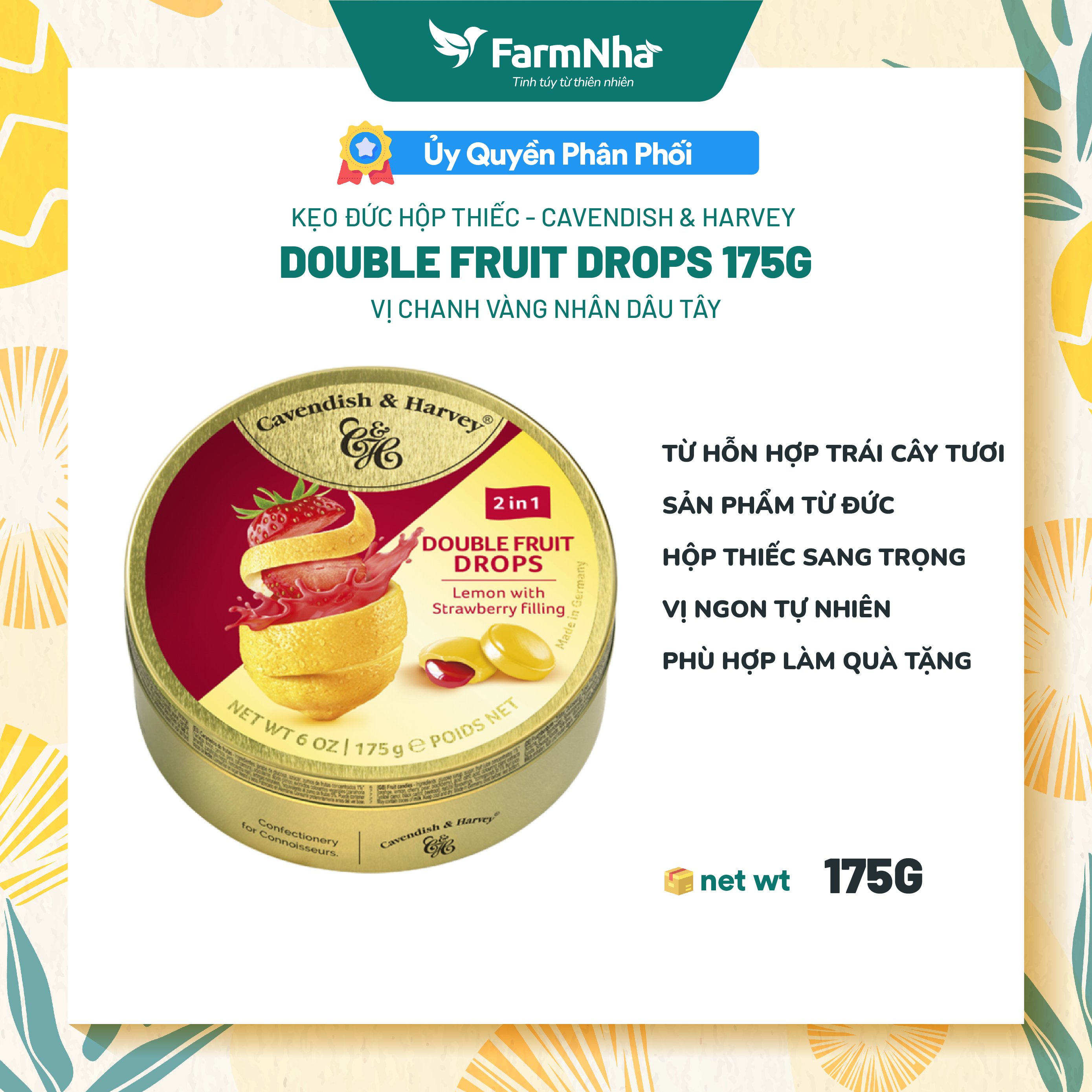 Kẹo Trái Cây Cavendish & Harvey Vị LEMON WITH STRAWBERRY FILLING Hộp 175gr - Hàng Chính Hãng