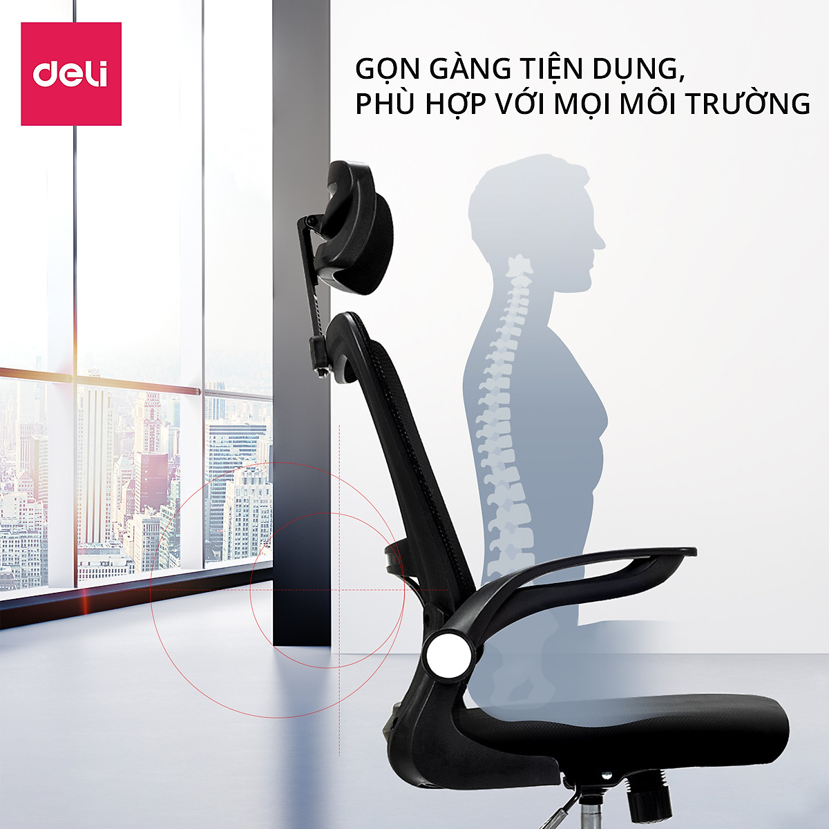 Ghế Xoay Văn Phòng Ngồi Làm Việc Công Thái Học Có Tựa Đầu Deli - Tay Gập Thông Minh, Có Ngả Lưng, Lưới Thoáng Khí, Chân Xoay Tiện Ích, Đệm Ghế Êm Aí - Phù Hợp Học Sinh, Văn Phòng, Game Thủ, Gaming - Hàng Chính Hãng