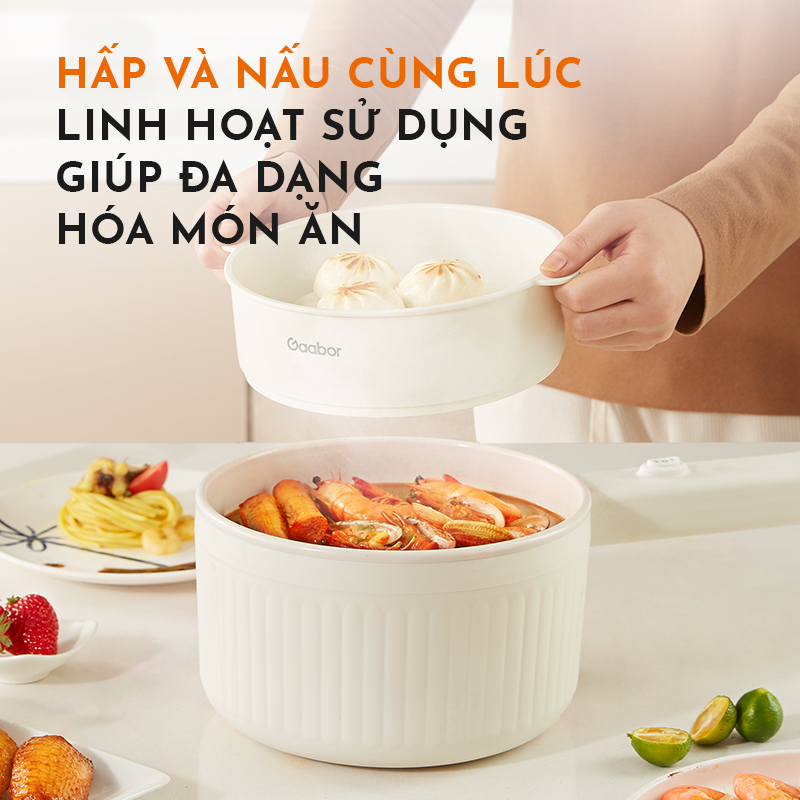 Nồi điện đa năng dung tích 2L GAABOR GR-N20A vân đá chống dính kèm xửng hấp, công suất 600W - Hàng chính hãng