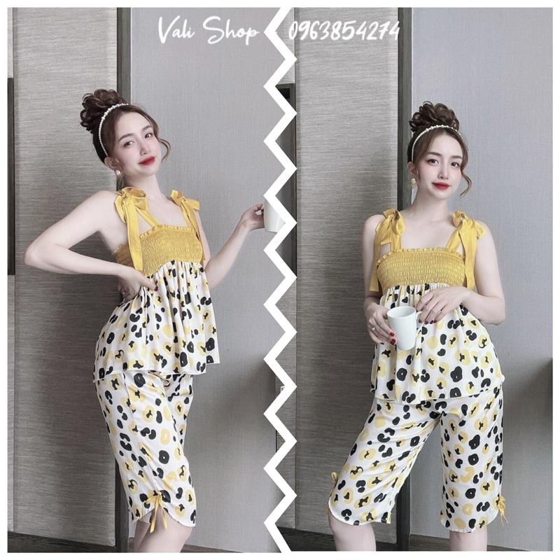 Đồ ngủ lụa latin 2 dây cột nơ quần lửng hoạ tiết freesize 42-57kg