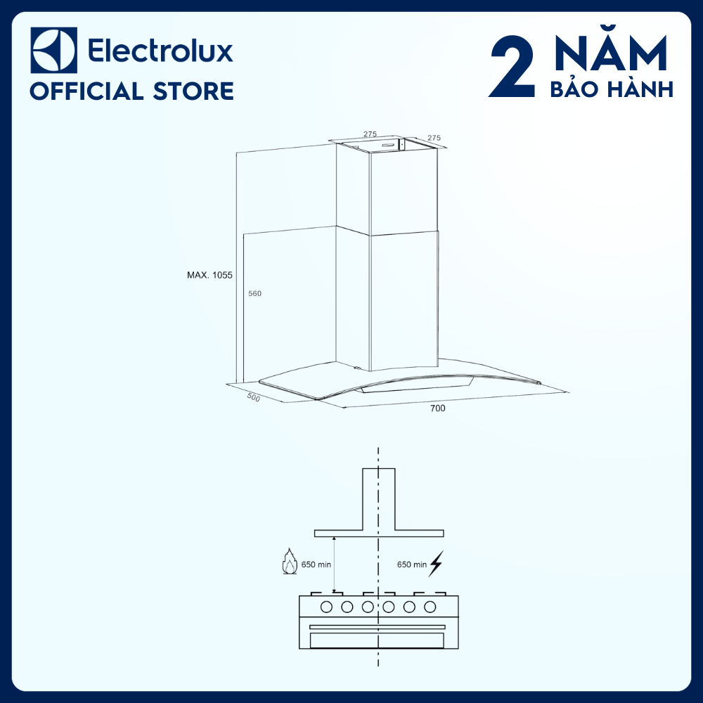 Máy hút mùi Electrolux bằng thép không gỉ 70cm EFC736GAR, Hoạt động êm dịu, Dễ dàng điều khiển và vệ sinh [Hàng chính hãng]