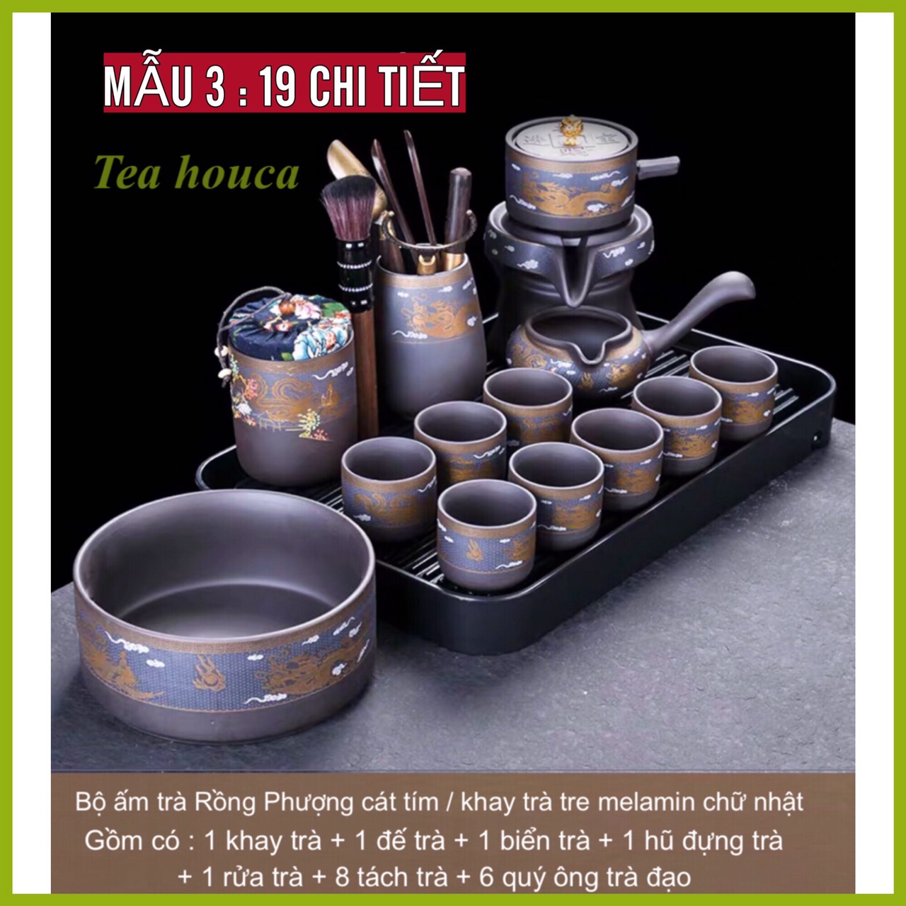 ComBo Khay + Bộ Ấm Chén Trà Cối Xay Tự Động Rồng Phượng Gốm Sứ ,Cát Tím cao cấp Độc Đáo ,19, 18, Chi Tiết