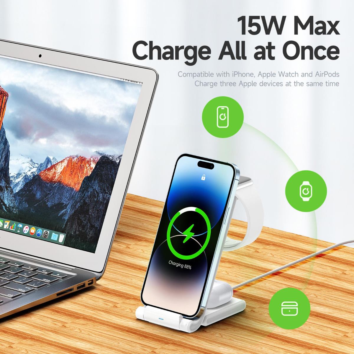 Duzzona W10-A Folding 3-in-1 Wireless Charger Stand 15W for iPhone / AirPods / Apple Watch - Hàng Chính Hãng