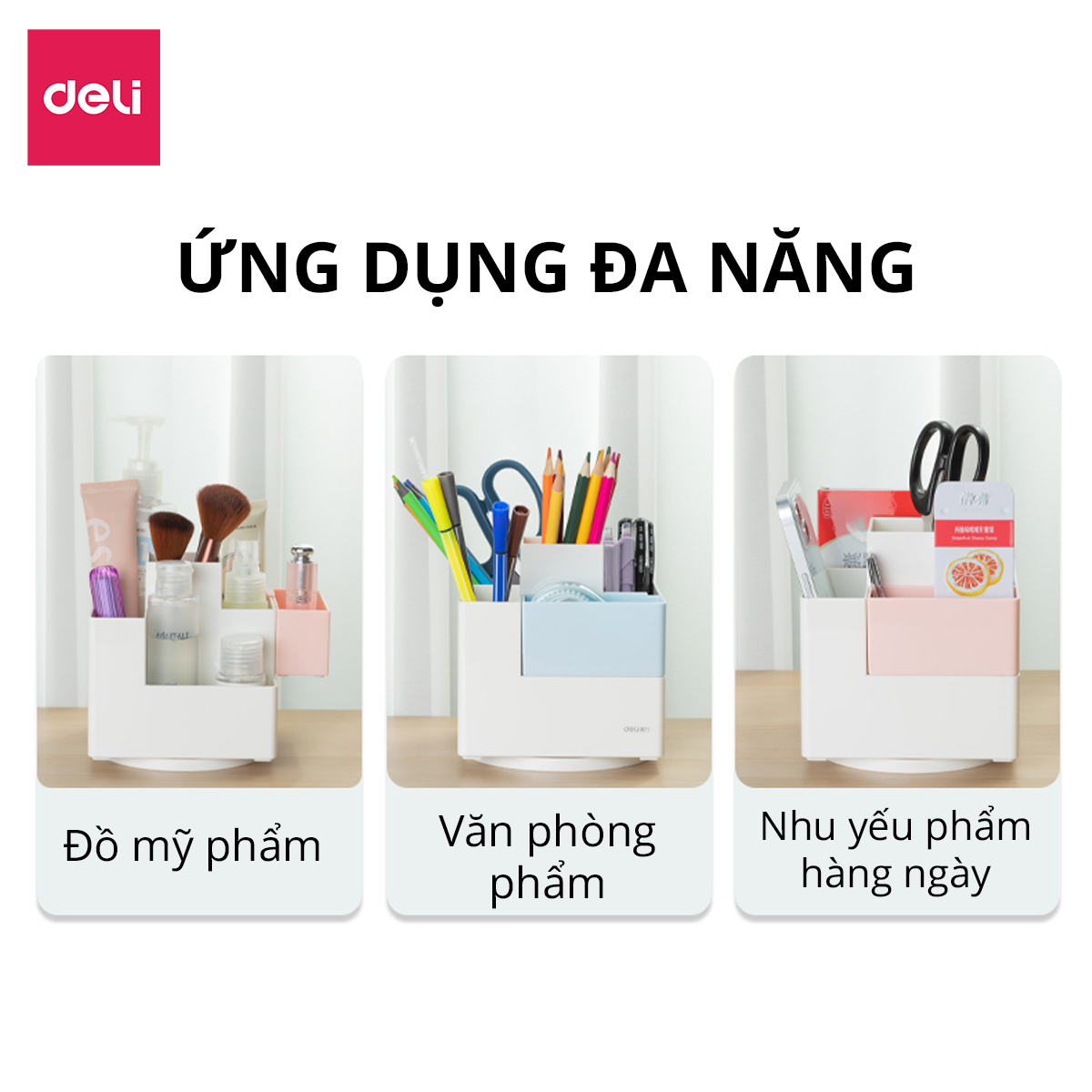 Hộp đựng bút Deli, ống đựng bút xoay 360 độ 4 tầng 6 ngăn màu pastel decor trang trí bàn học dùng cắm bút viết, đồ văn phòng phẩm, hộp đựng cọ trang điểm