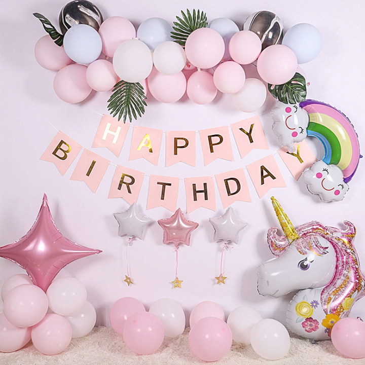 Bộ trang trí sinh nhật kỳ lân Unicorn cầu vồng cho bé - Sét bong bóng happy birthday có kèm bơm tay