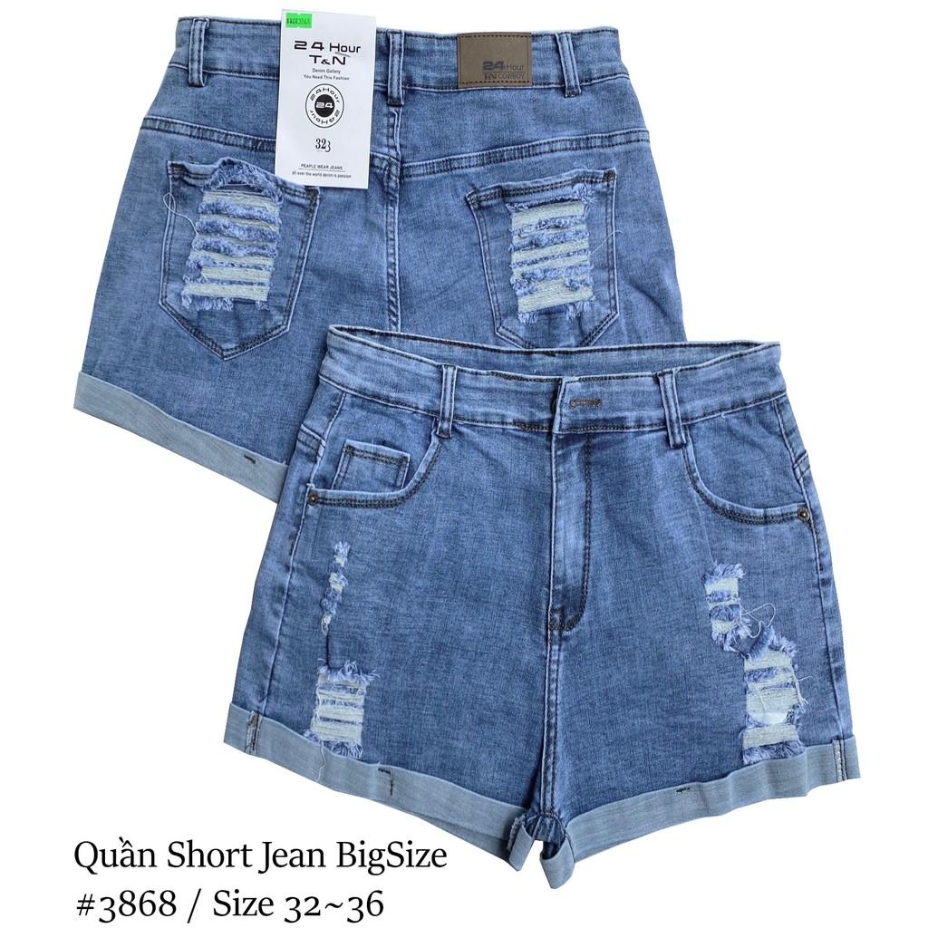 Quần short jean nữ BigSize lưng cao trên rốn, co dãn mạnh, xăn lai, màu xanh nhạt rách kiểu dành cho người mập 3868