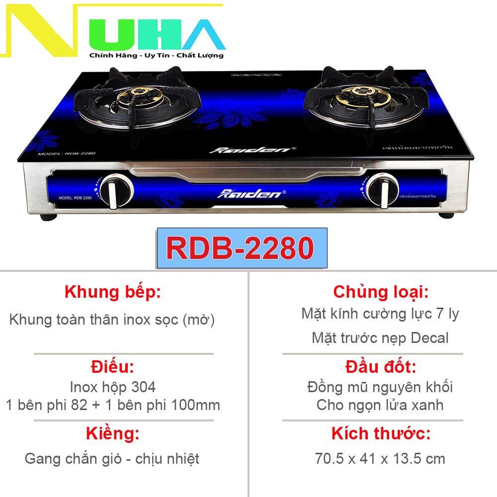 Bếp ga đôi kiếng cường lực Raiden RDB2280, đầu đốt đồng mũ nguyên khối lửa xanh, kiềng gang-Hàng chính hãng