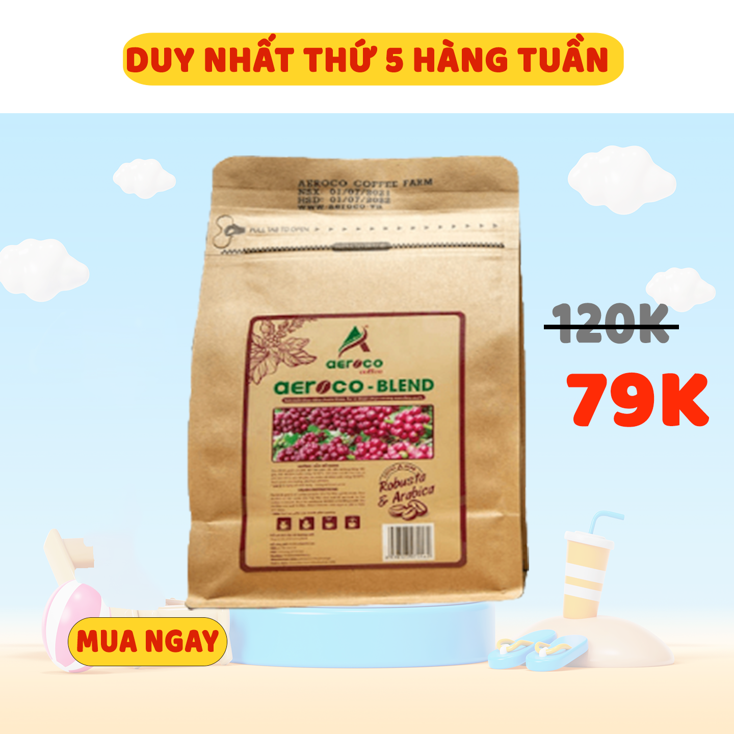 Cà phê AEROCO Blend, gói 250g, pha phin, nguyên chất 100% rang mộc hậu vị ngọt thơm quyến rũ