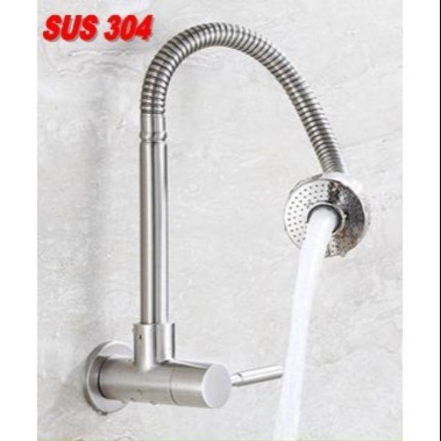 Vòi rửa bát đơn lạnh cắm tường cần mềm Inox 304