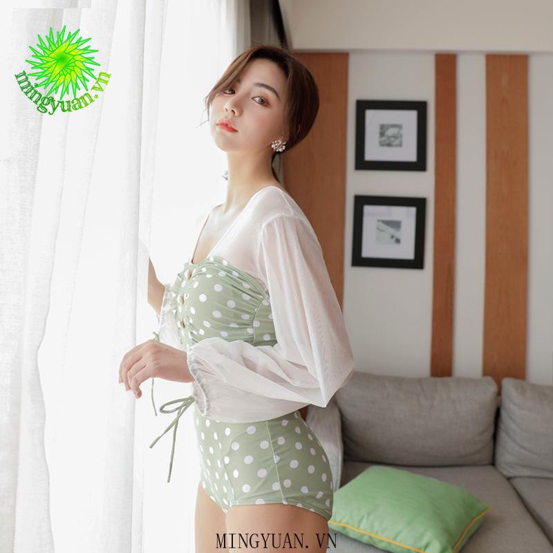 Đồ Bơi Liền Thân Dài Tay Chấm Bi Cho Nữ
