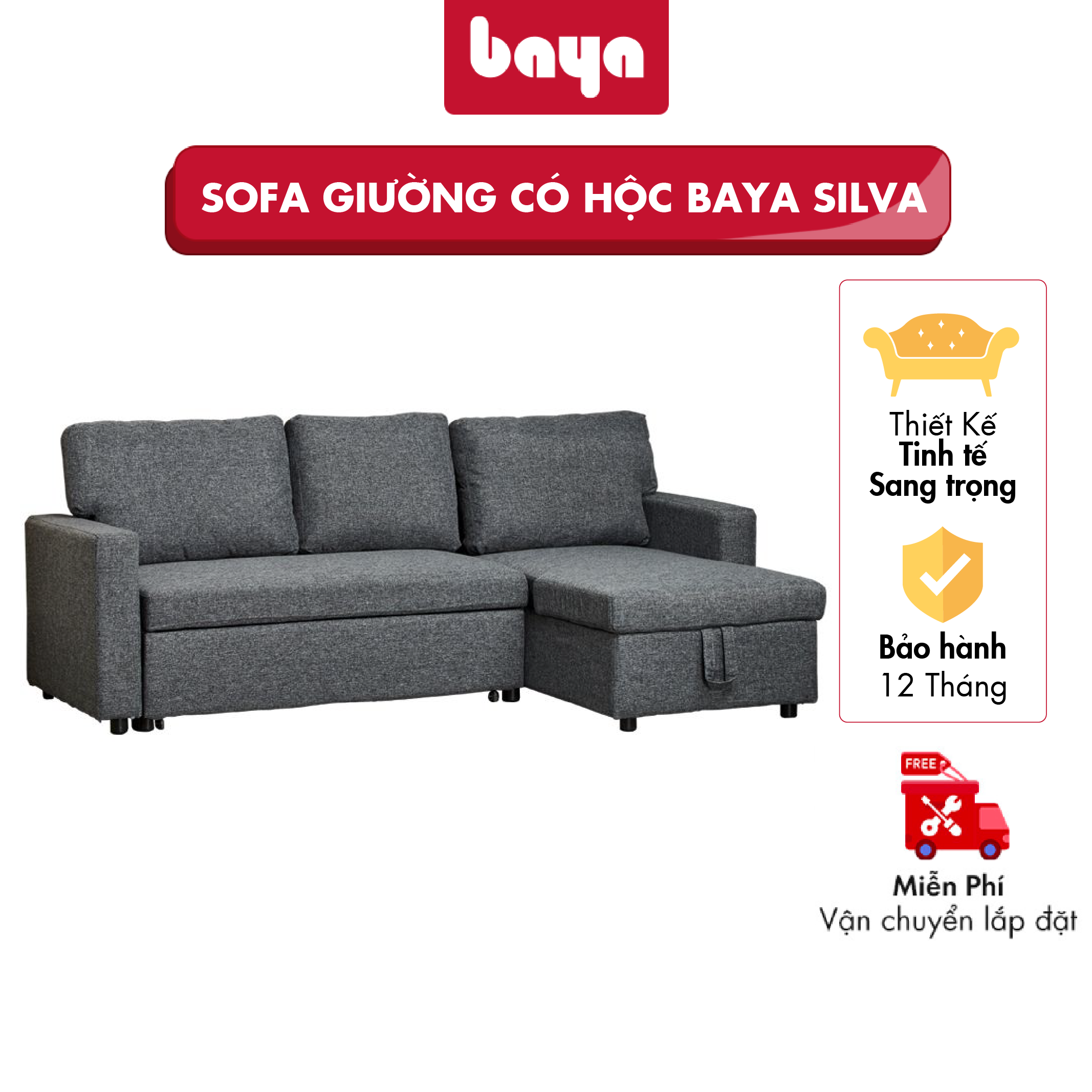 Sofa Giường Có Hộc BAYA SILVA Có Phần Khung Làm Từ Gỗ Thông/ Plywood Chắc Chắn, Bền Đẹp Vỏ Bọc Polyester Êm Ái, Thiết Kế Gọn Gàng Với Ngăn Chứa Rộng Rãi 5249